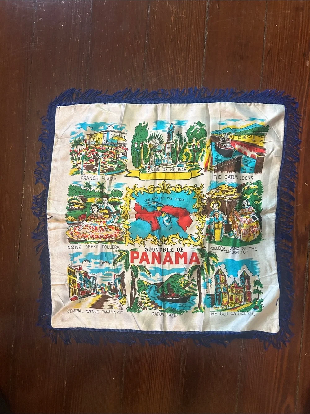 Vintage Souvenir Panama Scenic Fringe Silky Scarf in Cream & Blue
